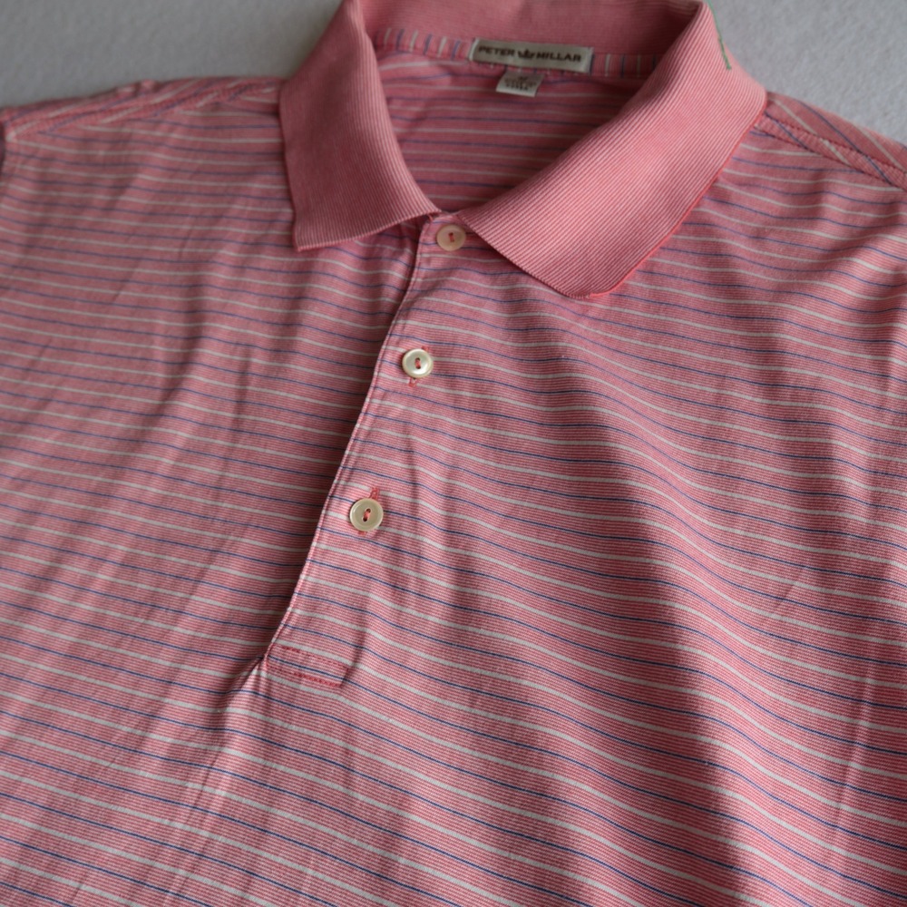 Peter Millar Polo Shirt Mens M Pink Blue Stripe 100% Cotton Golf Casual Top